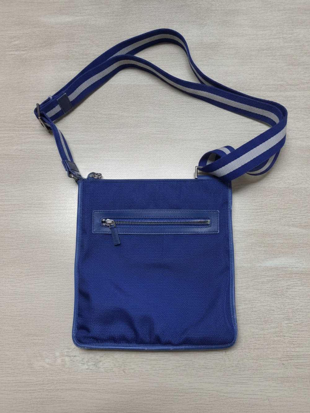Blue Crossbody Shoulder Bag w Adjustable Striped Strap and Front Zipper Pocket